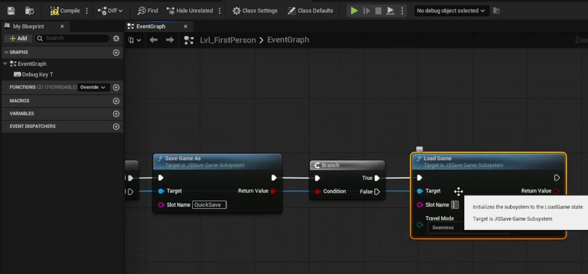 Level Blueprint: save-and-reload test key