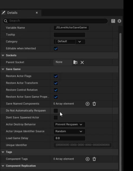 The JS Level Actor Save Game Component selected on the character, showing its Save Game properties