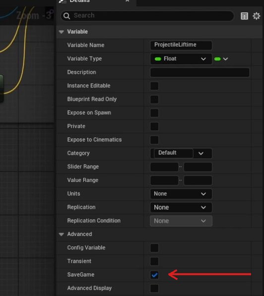 A Blueprint variable's Details panel: expand Advanced and enable Save Game